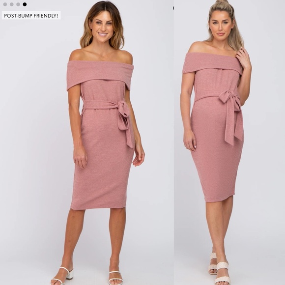 Pinkblush Heathered Mauve Folded Off Shoulder Waist Tie Maternity Midi Dress - Picture 2 of 10